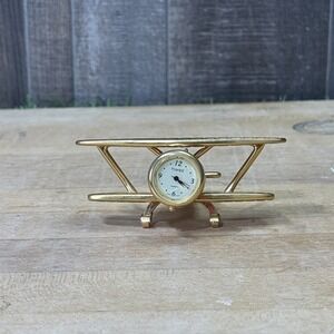 Vintage Timex Quartz Brass Biplane Desk Clock Airplane Figurine Japan Parts